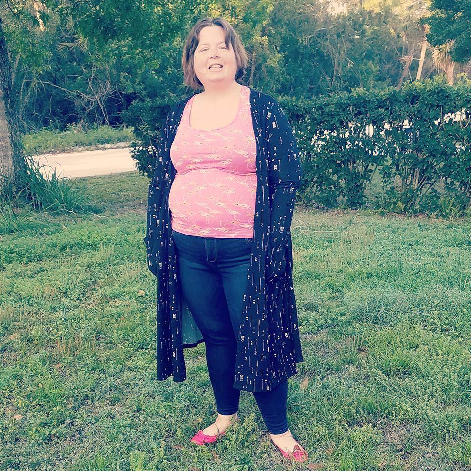 Democracy jeans and LuLaRoe Sarah duster with Vince Camuto ballet flats and Walmart tank.