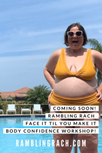 Rambling Rach is standing by the pool in a mustard plus size bikini.