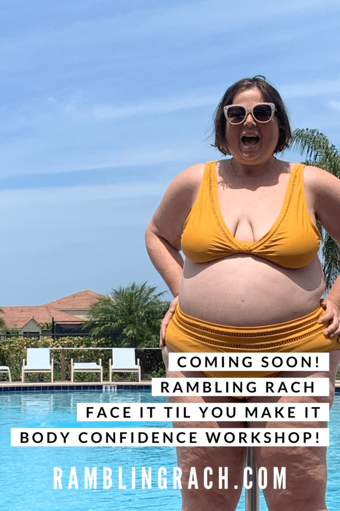 Rambling Rach is standing by the pool in a mustard plus size bikini.
