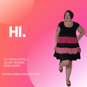 Image is of a woman in a pink dress. The text asks if people still read blogs and invites them to read hers.